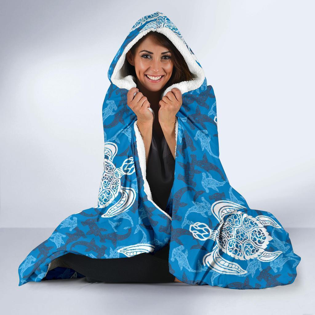 blue hawaiian shark sea turtle pattern print hooded blanket cloak blanket 3464