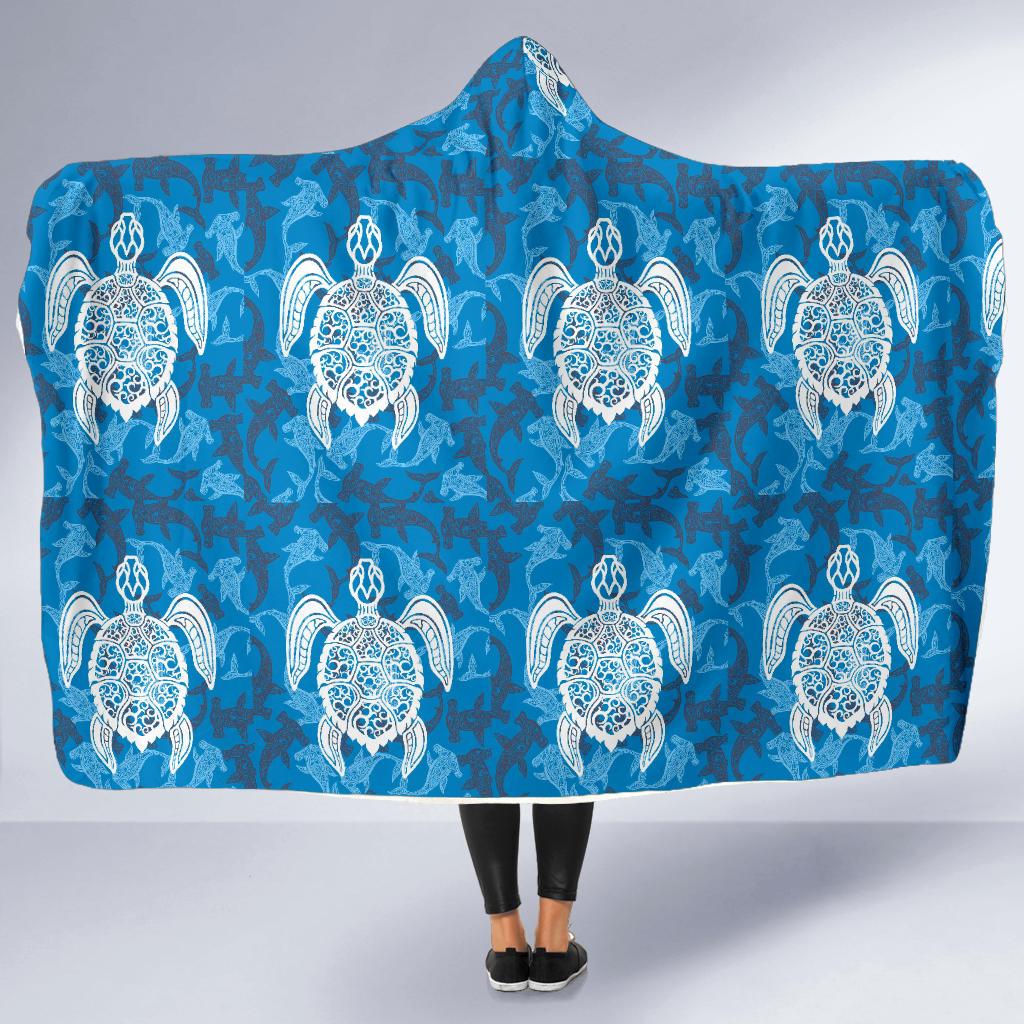 blue hawaiian shark sea turtle pattern print hooded blanket cloak blanket 6422