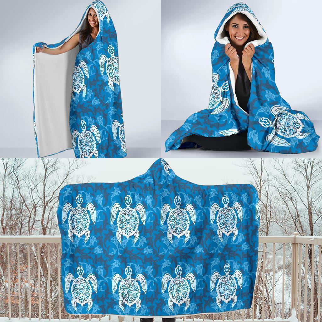 blue hawaiian shark sea turtle pattern print hooded blanket cloak blanket 8353