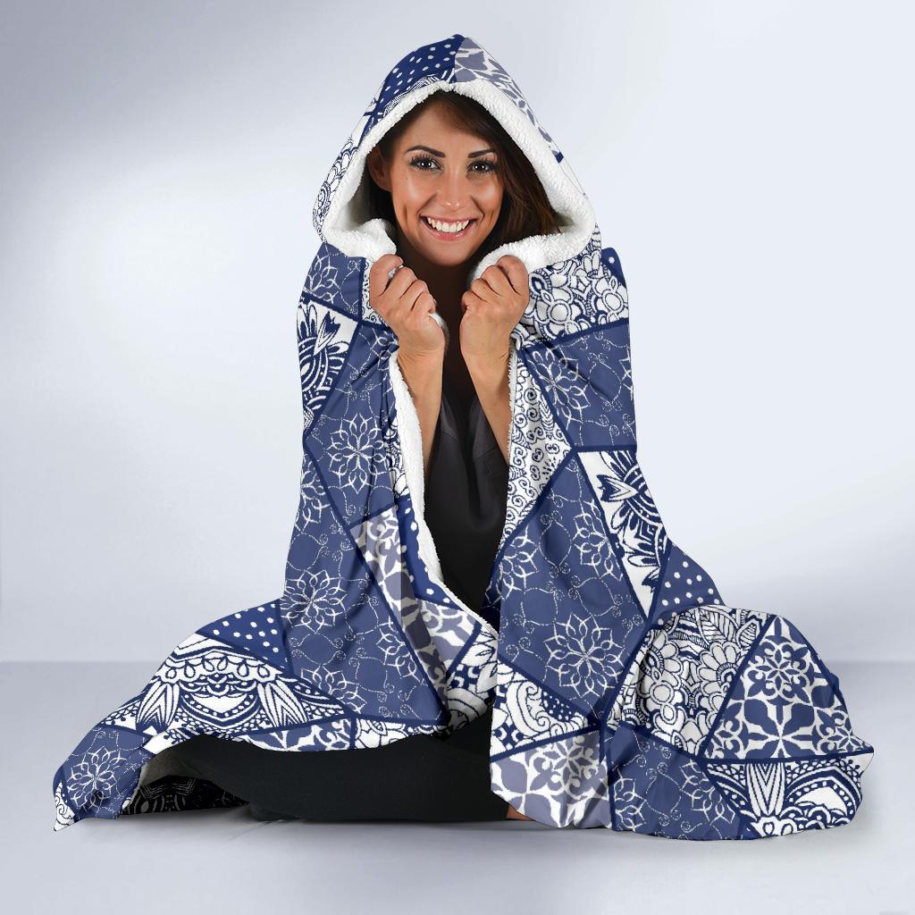 Blue Patchwork Pattern Print Hooded Blanket Cloak Blanket blue patchwork pattern print hooded blanket cloak blanket 5477