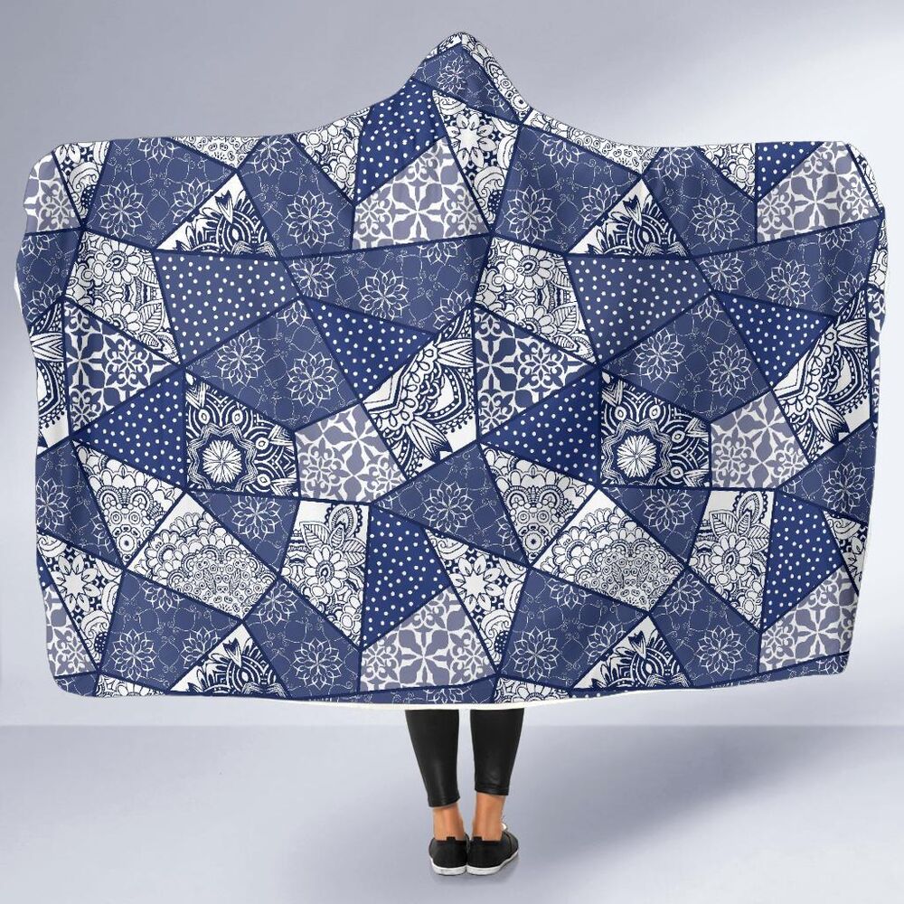 Blue Patchwork Pattern Print Hooded Blanket Cloak Blanket blue patchwork pattern print hooded blanket cloak blanket 6427