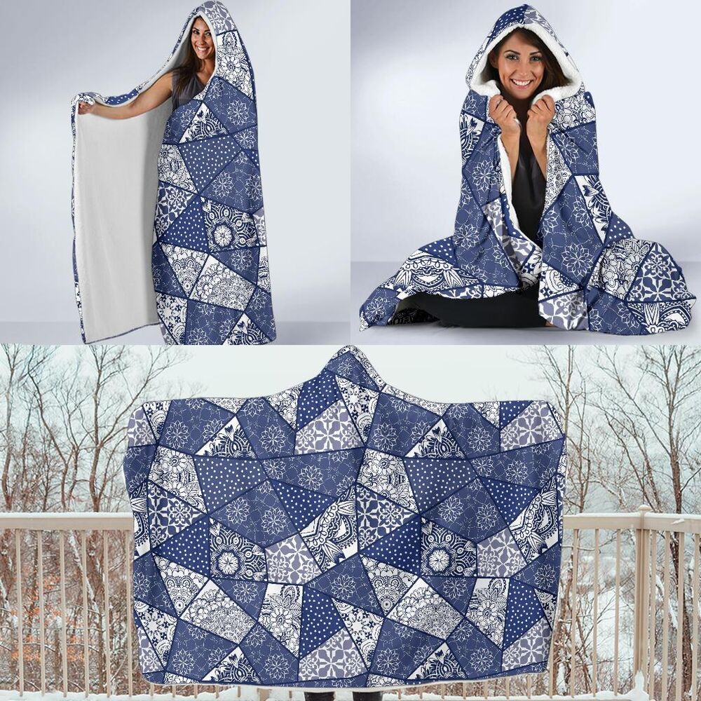 Blue Patchwork Pattern Print Hooded Blanket Cloak Blanket blue patchwork pattern print hooded blanket cloak blanket 6860