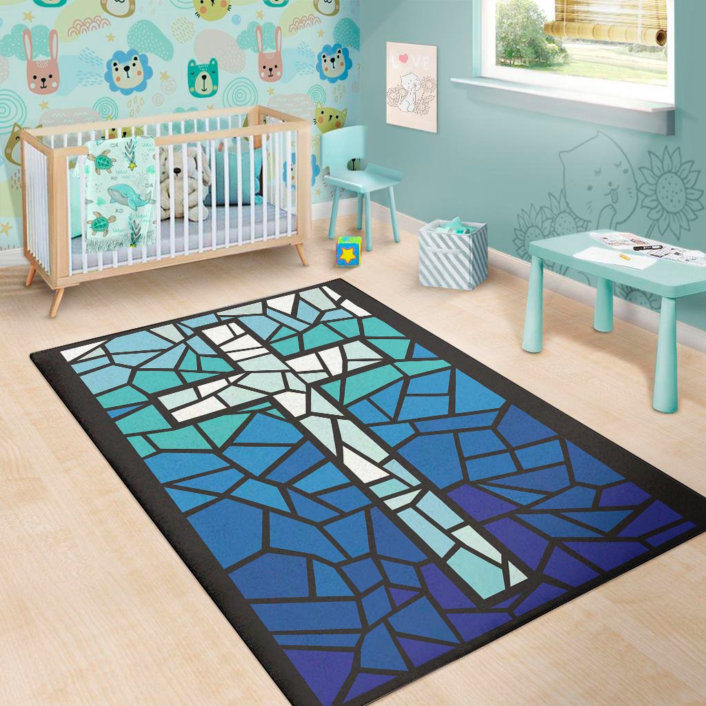 blue stained glass cross print area rug floor decor 3614