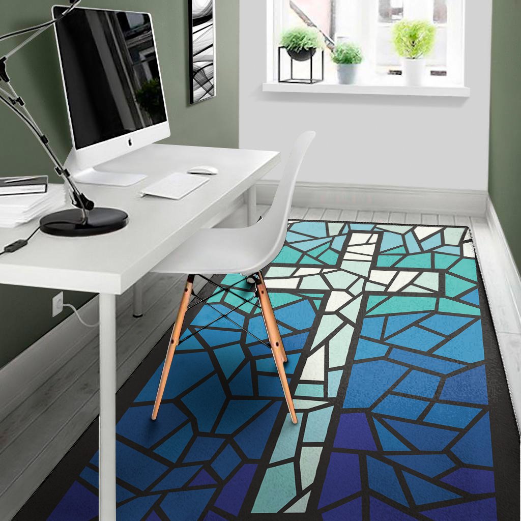 blue stained glass cross print area rug floor decor 7049