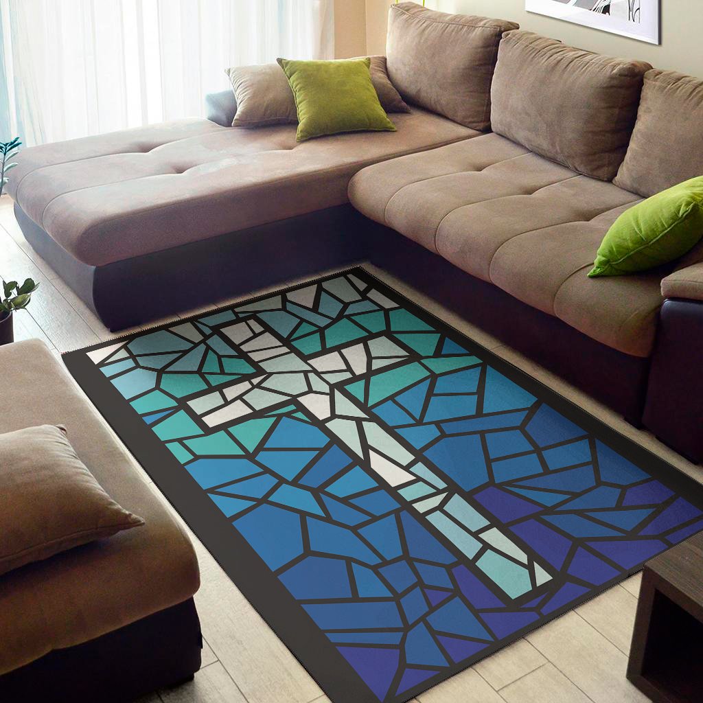 blue stained glass cross print area rug floor decor 8276
