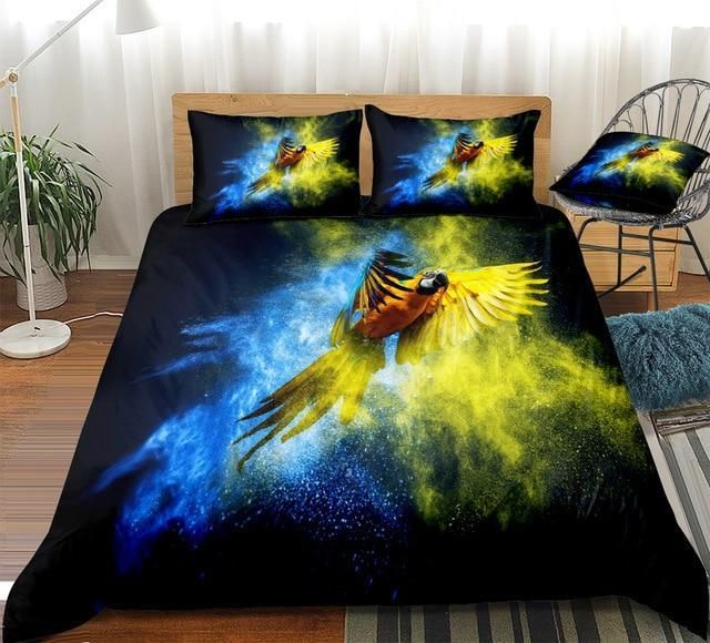 Blue Yellow Wings Parrot Flying Dark Night Duvet Cover Bedding Set blue yellow wings parrot flying dark night duvet cover bedding set 3744