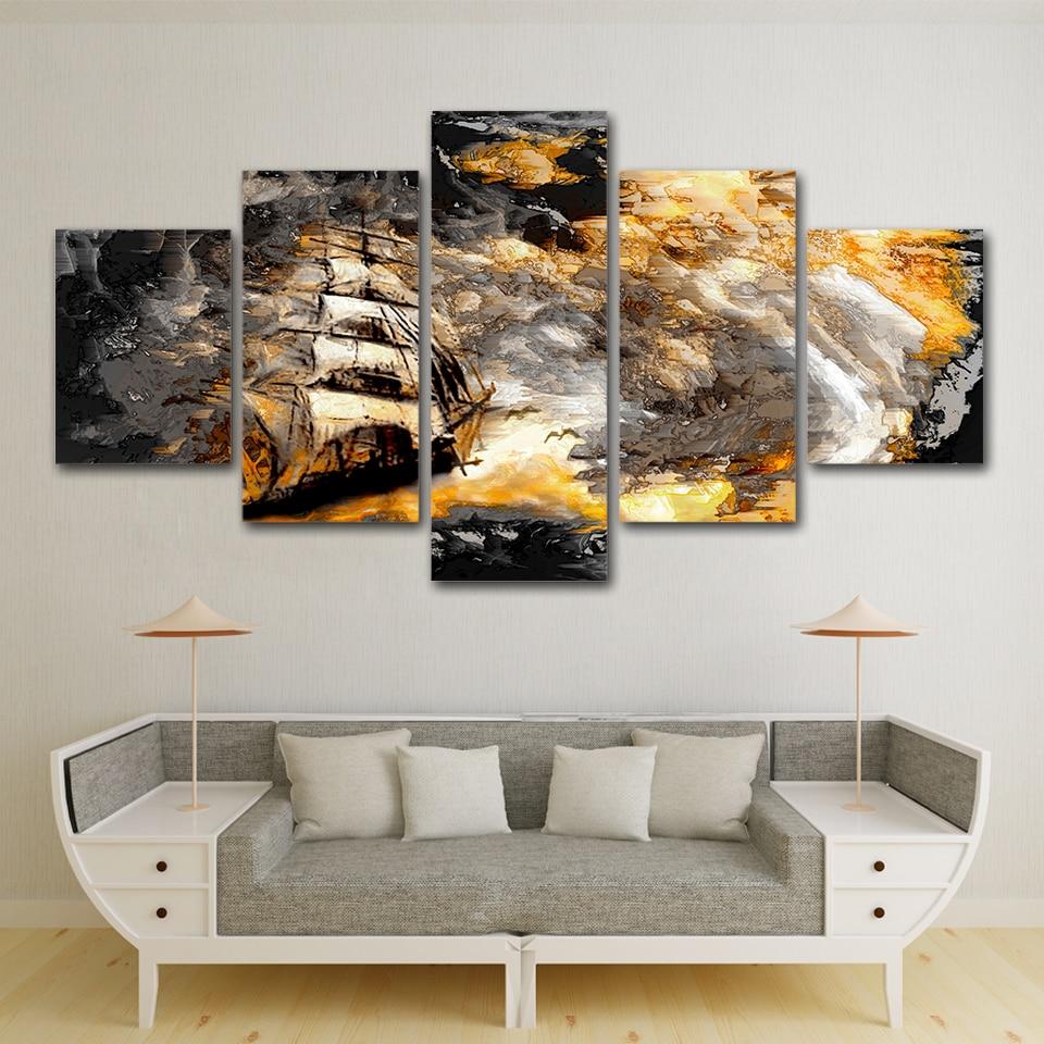 boat in sea storm abstract 5 panel canvas art wall decor 1307
