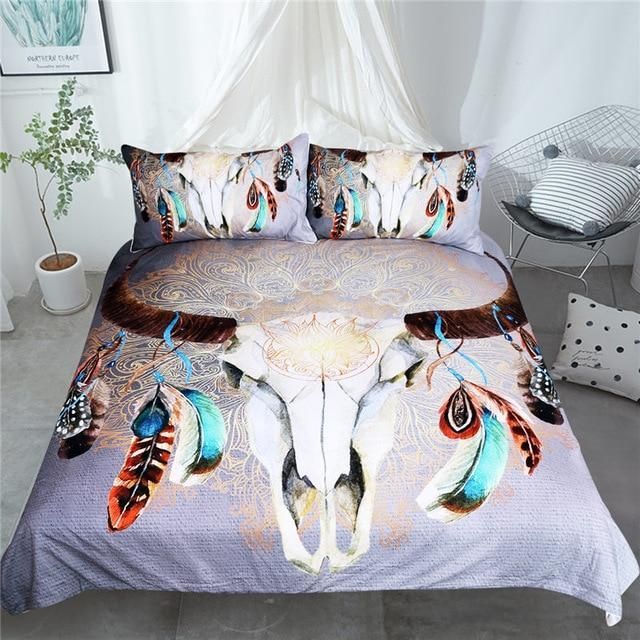bohemian skull feathers bedding set bedroom decor 7782