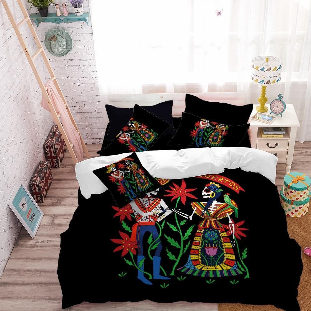 boho man and women skeleton printed bedding set bedroom decor 3566