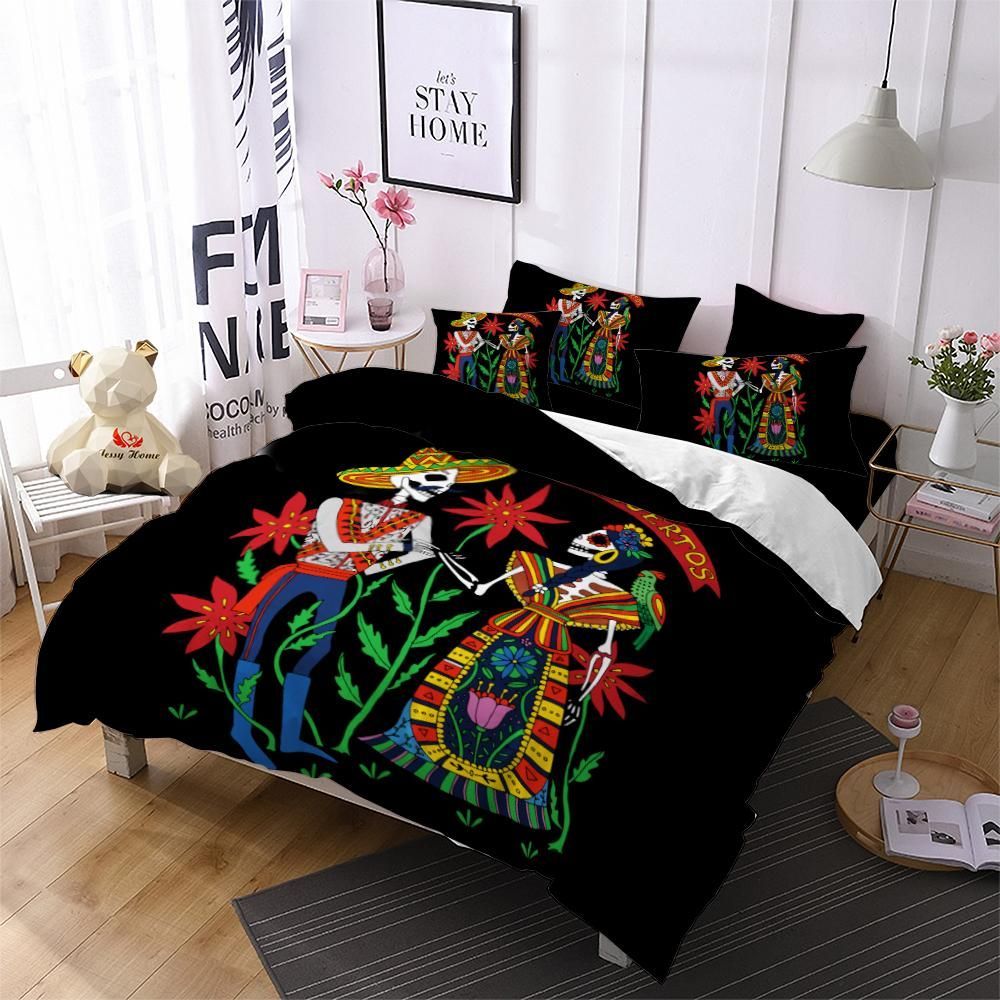 boho man and women skeleton printed bedding set bedroom decor 6388