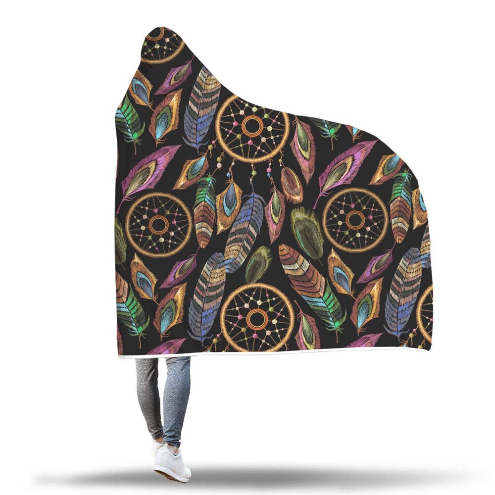 Boho Peacock Dream Catcher Feather Pattern Print Hooded Blanket Cloak Blanket boho peacock dream catcher feather pattern print hooded blanket cloak blanket 3410
