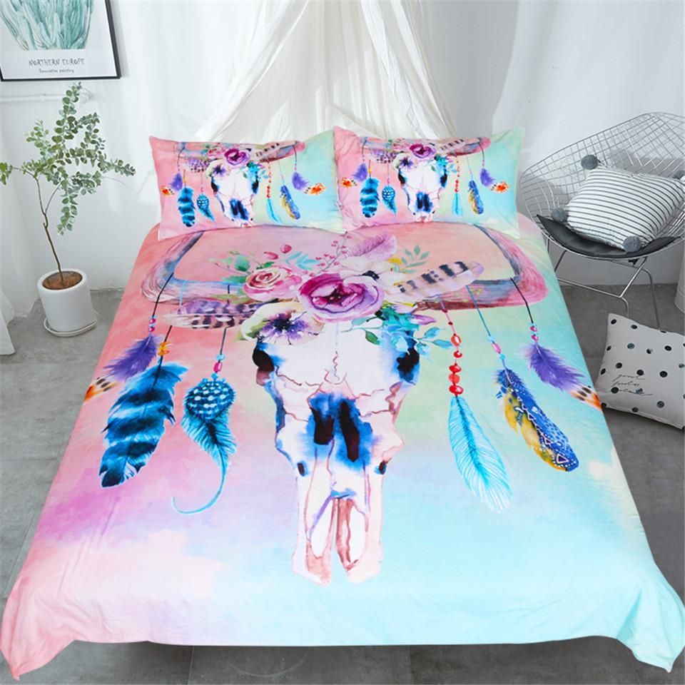 Boho Skull Feathers Bedding Set Bedroom Decor boho skull feathers bedding set bedroom decor 4283
