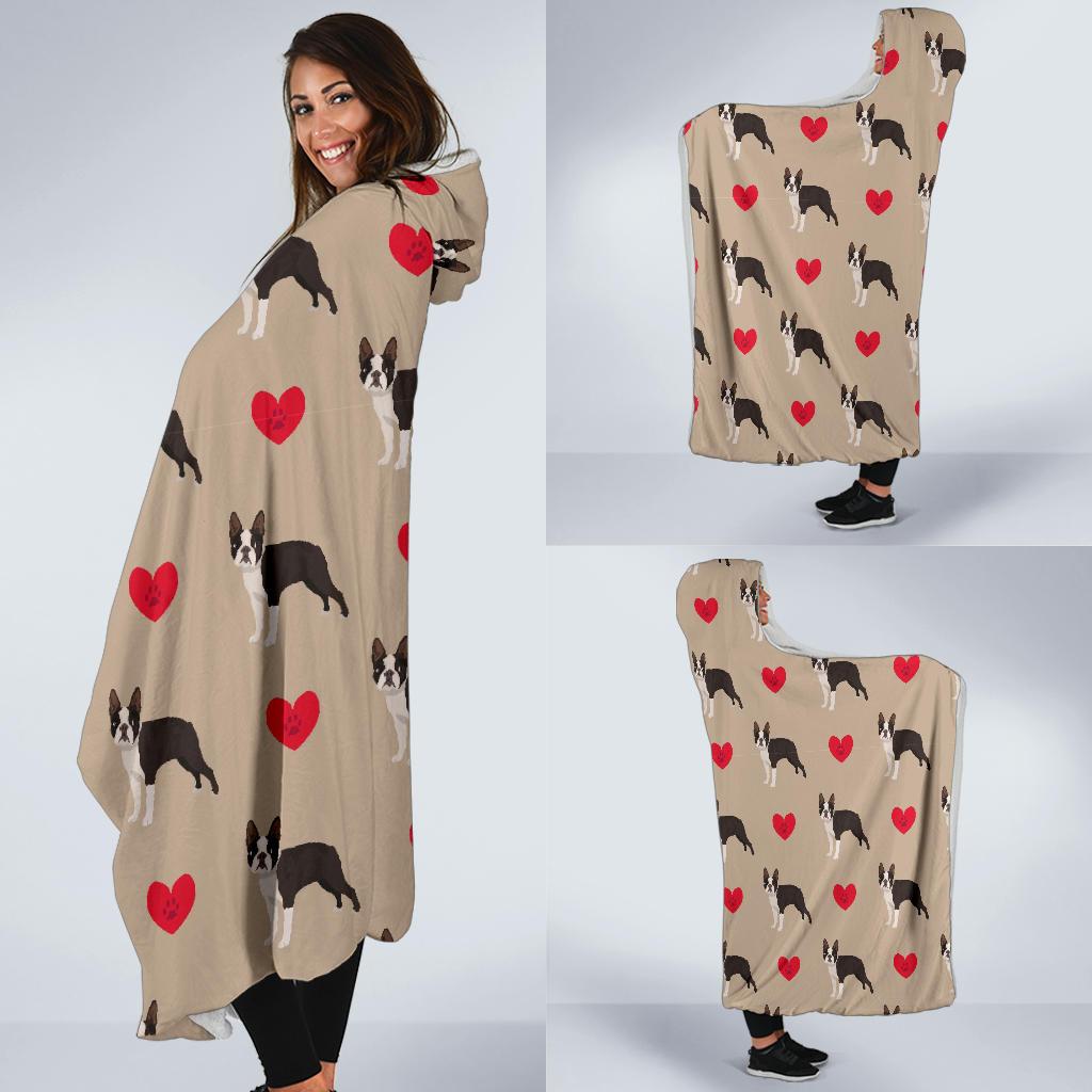 Boston Terrier Heart Paw Pattern Print Hooded Blanket Cloak Blanket boston terrier heart paw pattern print hooded blanket cloak blanket 5801