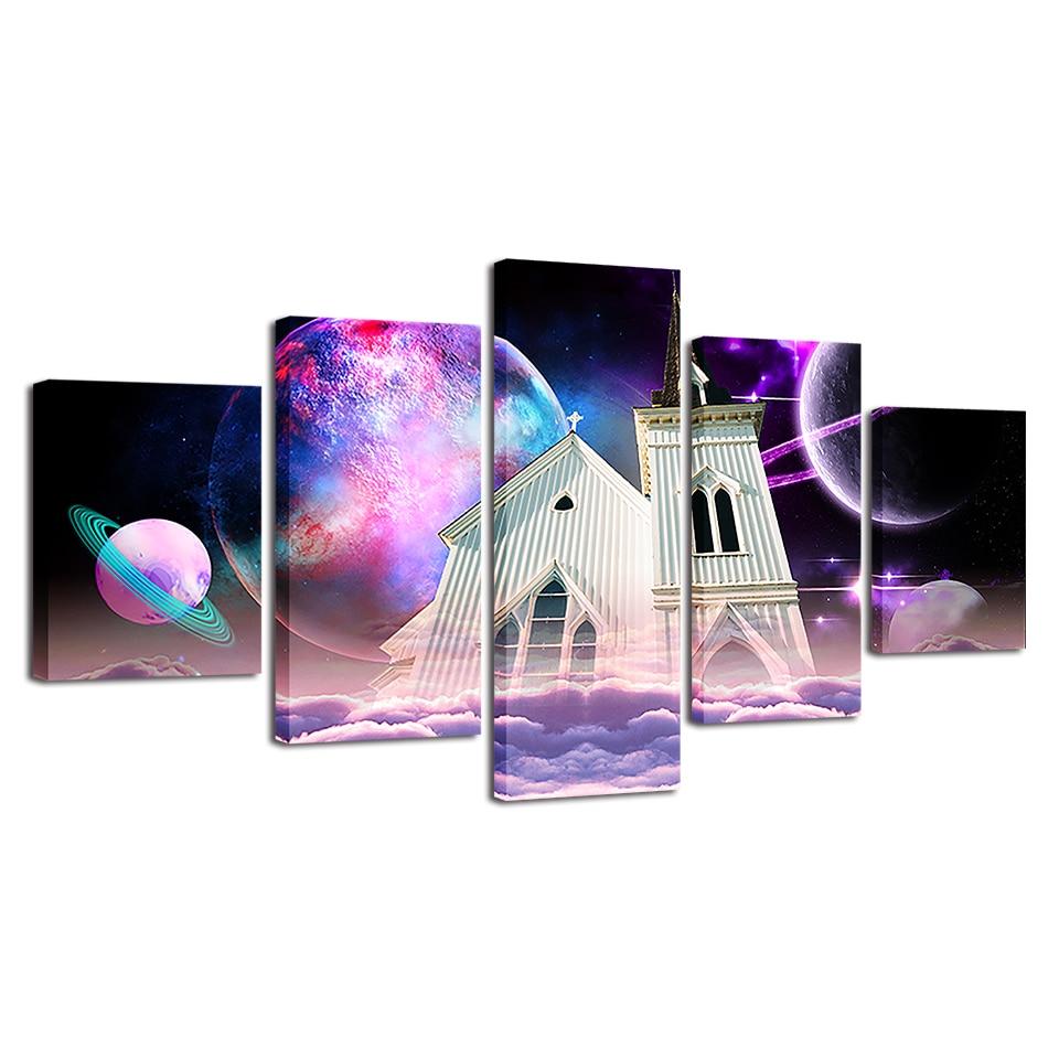 building and cloud abstract earth planets nature 5 panel canvas art wall decor 3265