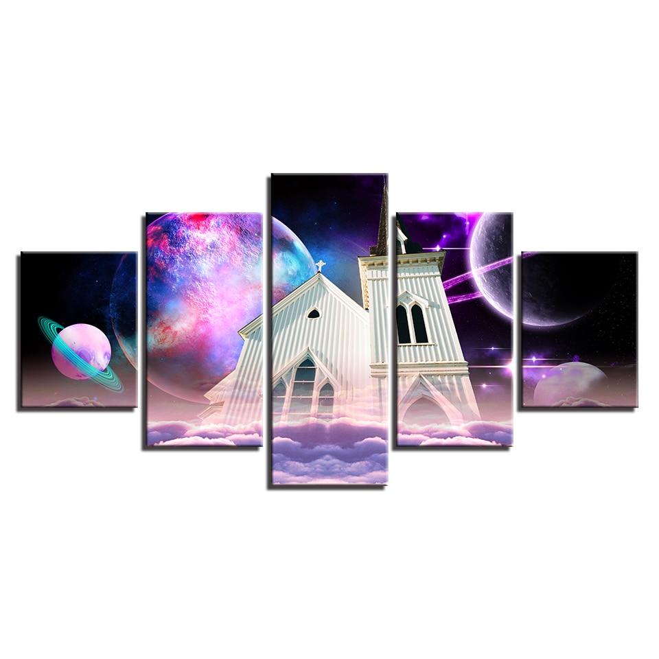 building and cloud abstract earth planets nature 5 panel canvas art wall decor 4087
