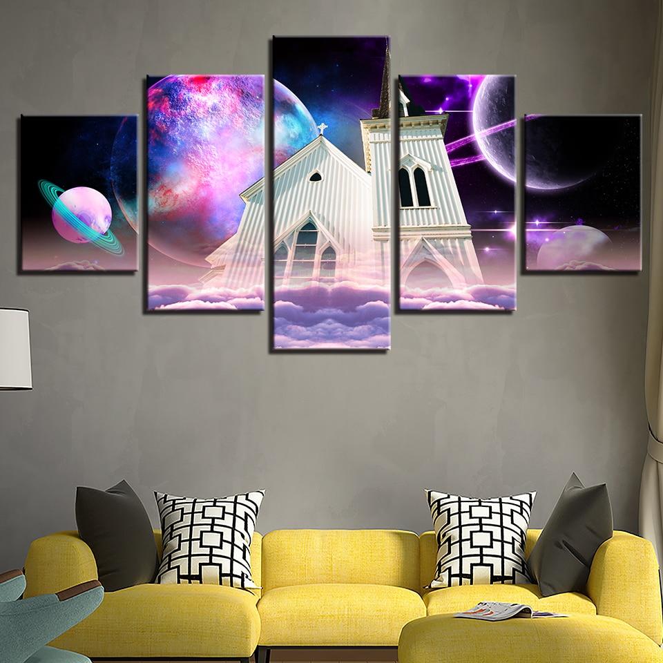 building and cloud abstract earth planets nature 5 panel canvas art wall decor 7853