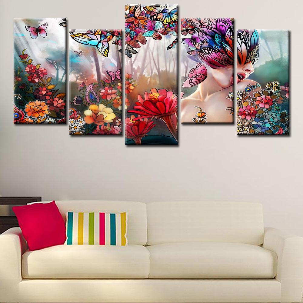 butterfly girl flowers abstract 5 panel canvas art wall decor 4718