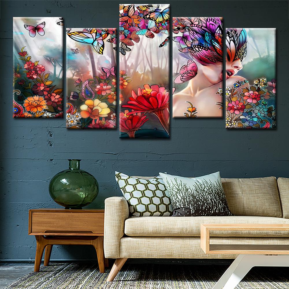 butterfly girl flowers abstract 5 panel canvas art wall decor 5021