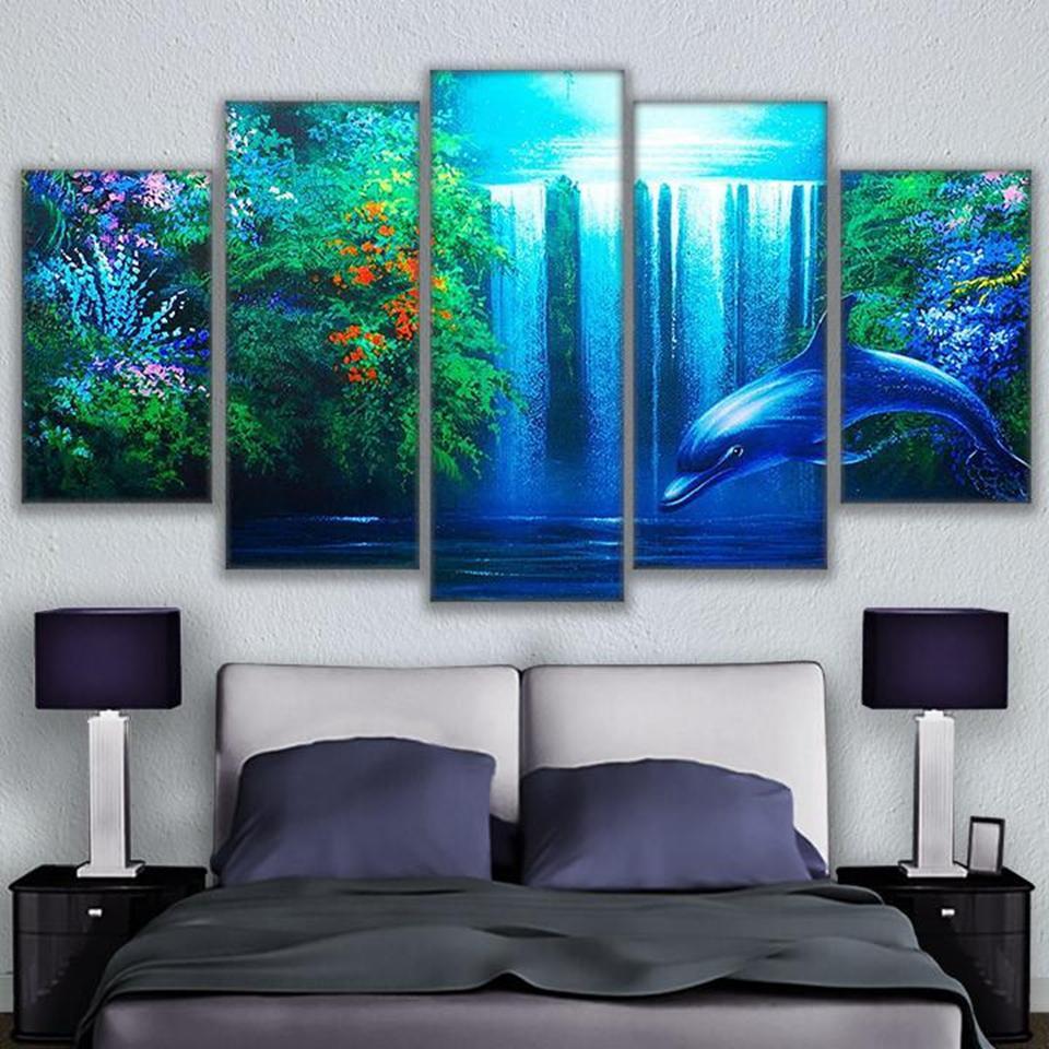Calming Dolphin Waterfall - Abstract Animal 5 Panel Canvas Art Wall Decor calming dolphin waterfall abstract animal 5 panel canvas art wall decor 1027