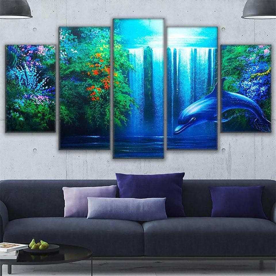 Calming Dolphin Waterfall - Abstract Animal 5 Panel Canvas Art Wall Decor calming dolphin waterfall abstract animal 5 panel canvas art wall decor 1464
