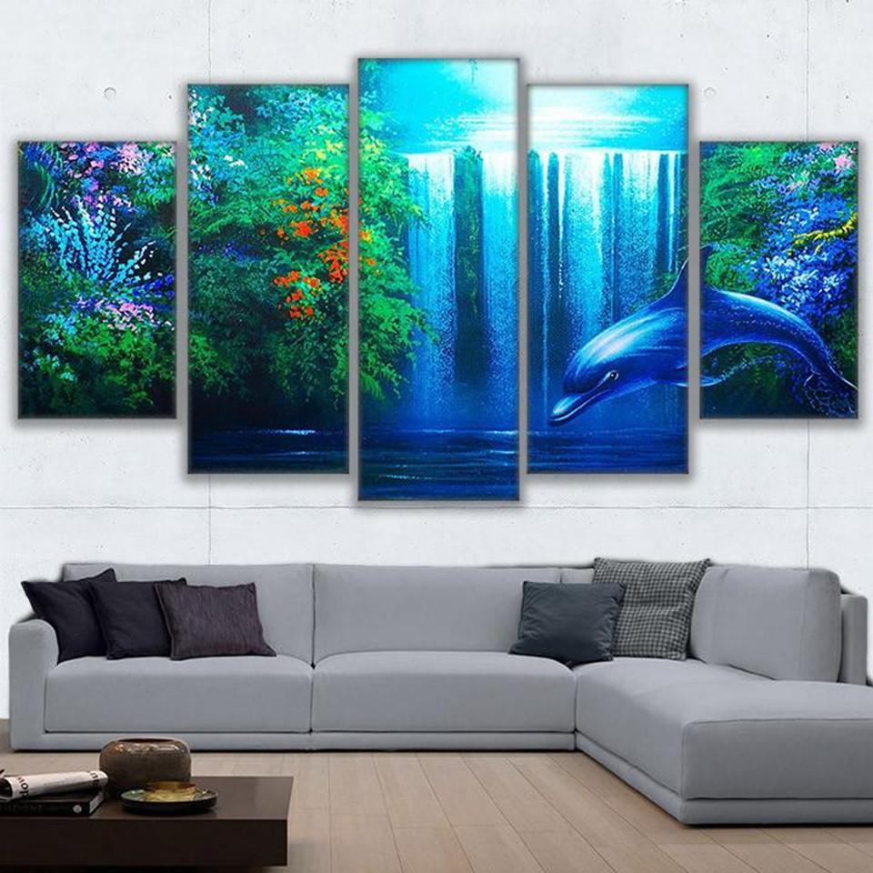 Calming Dolphin Waterfall - Abstract Animal 5 Panel Canvas Art Wall Decor calming dolphin waterfall abstract animal 5 panel canvas art wall decor 5665