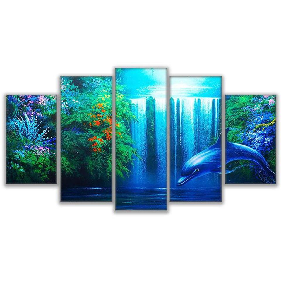 Calming Dolphin Waterfall - Abstract Animal 5 Panel Canvas Art Wall Decor calming dolphin waterfall abstract animal 5 panel canvas art wall decor 6850