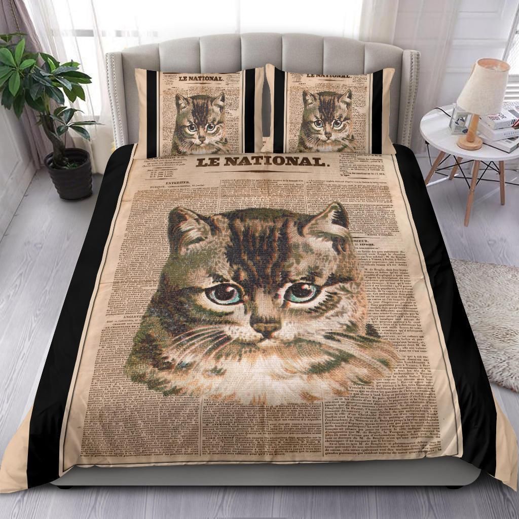 cat newspaper vintage bedding set bedroom decor 7005