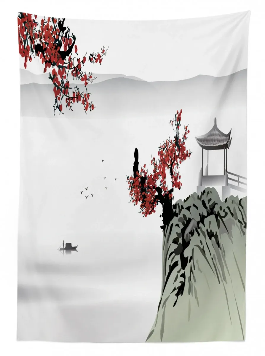 cherry blossoms and boat 3d printed tablecloth table decor 3483