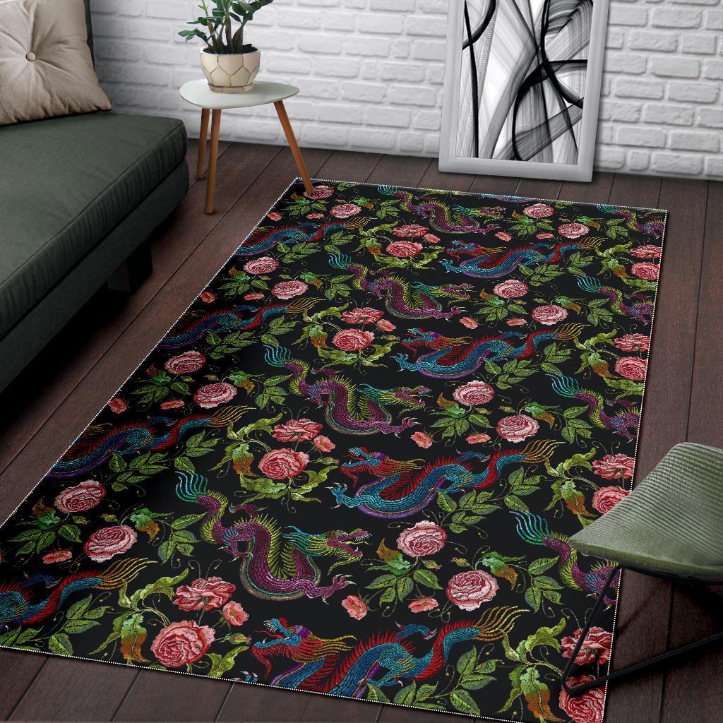 Chinese Dragon Flower Pattern Print Area Rug Floor Decor chinese dragon flower pattern print area rug floor decor 1843