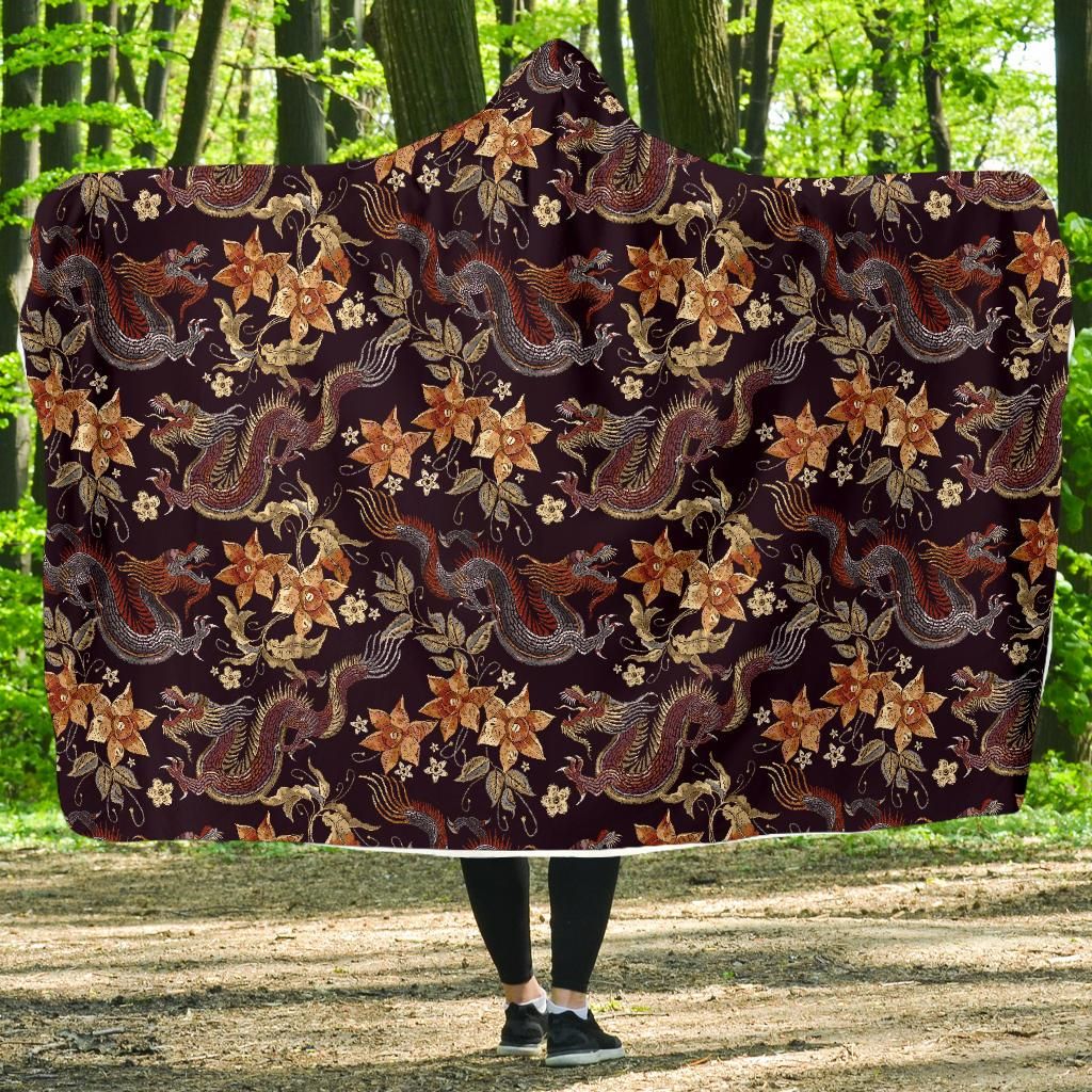 chinese floral dragon pattern print hooded blanket cloak blanket 3684