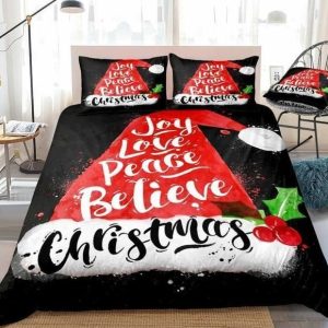 christmas santa hat lettering joy love peace duvet cover bedding set 1253