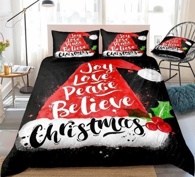 christmas santa hat lettering joy love peace duvet cover bedding set 1253