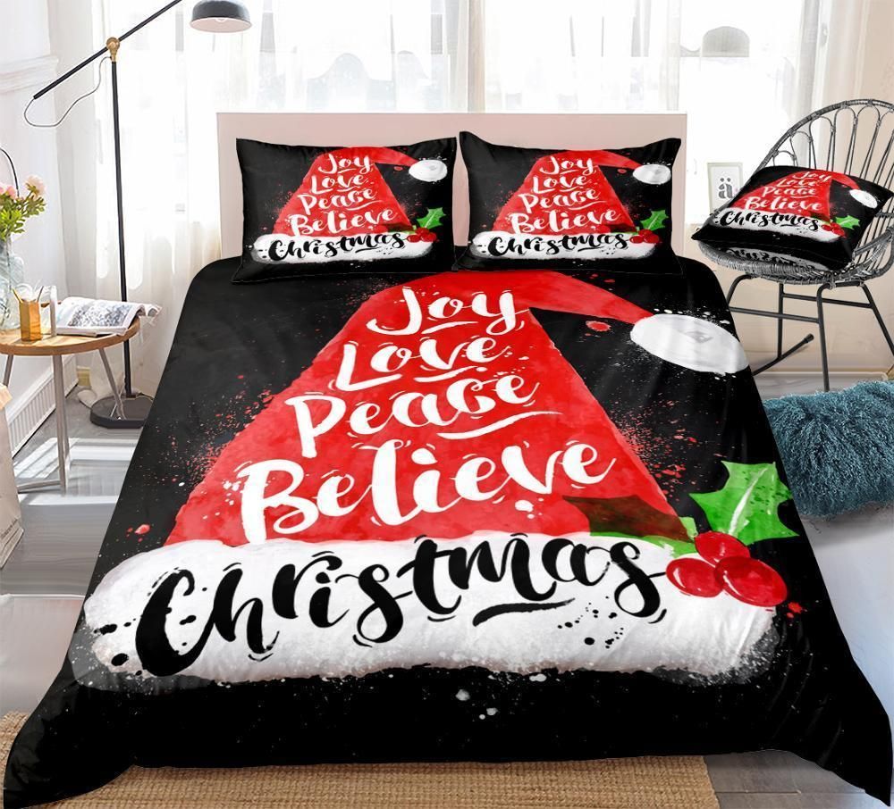 christmas santa hat lettering joy love peace duvet cover bedding set 1470