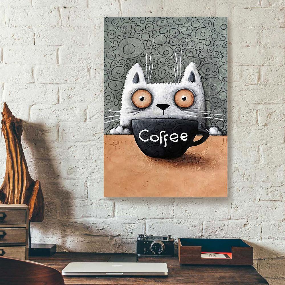 coffee cute cat canvas prints wall art decor 8236