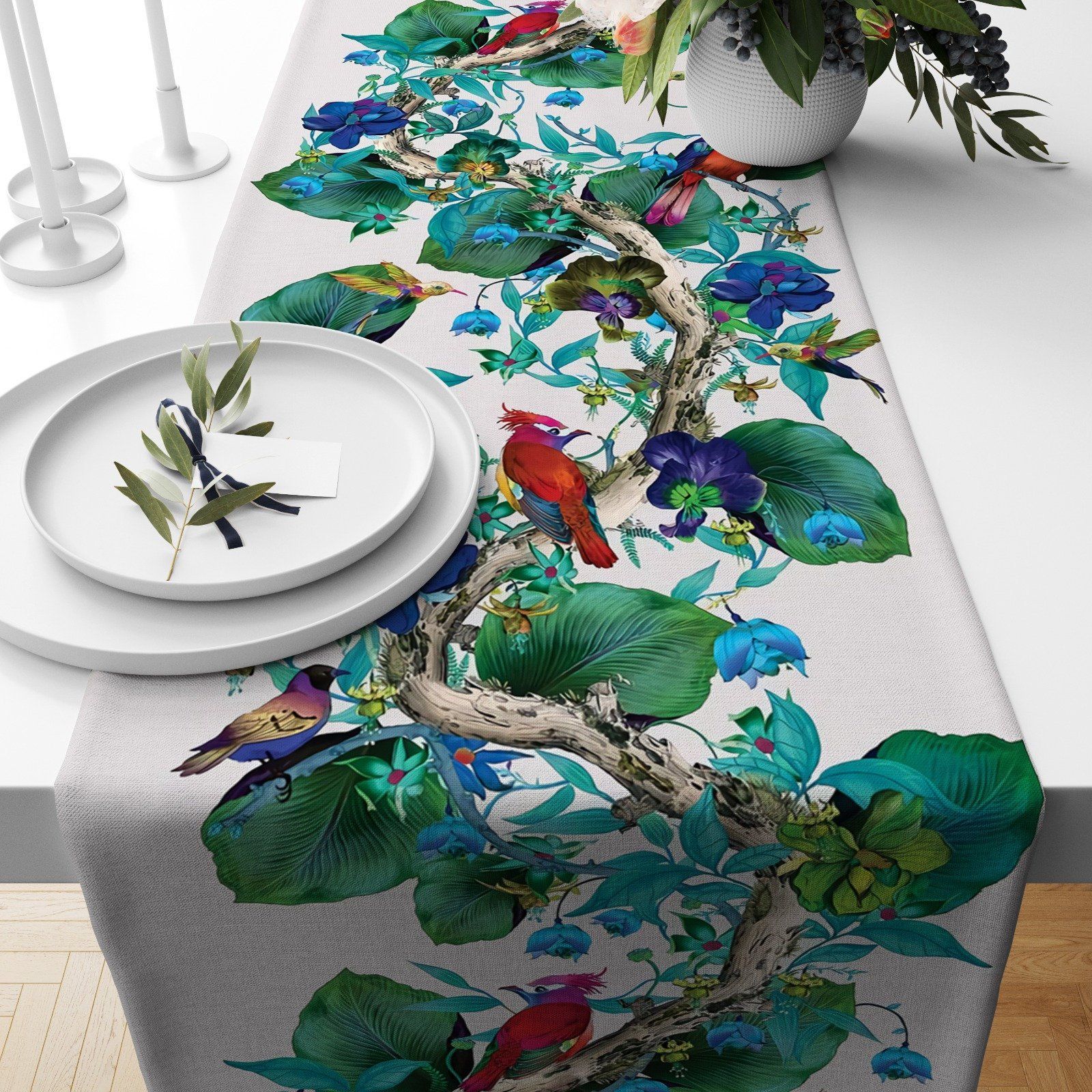 colorful bird flamingo and leaves nice ornamental printed table runner 6841