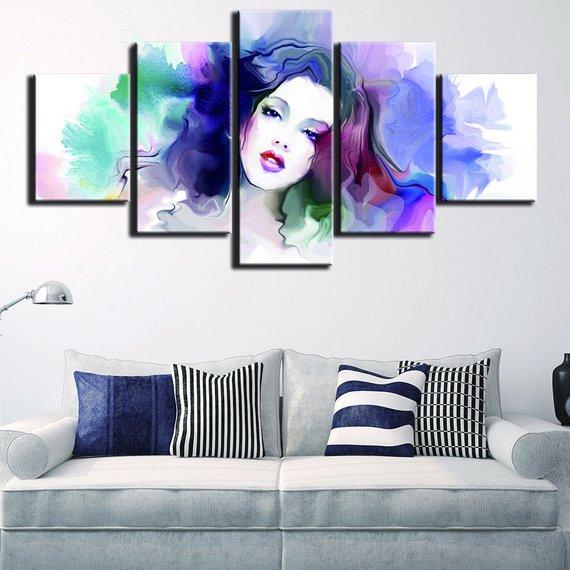 colorful cute girl beautiful abstract 5 panel canvas art wall decor 5480