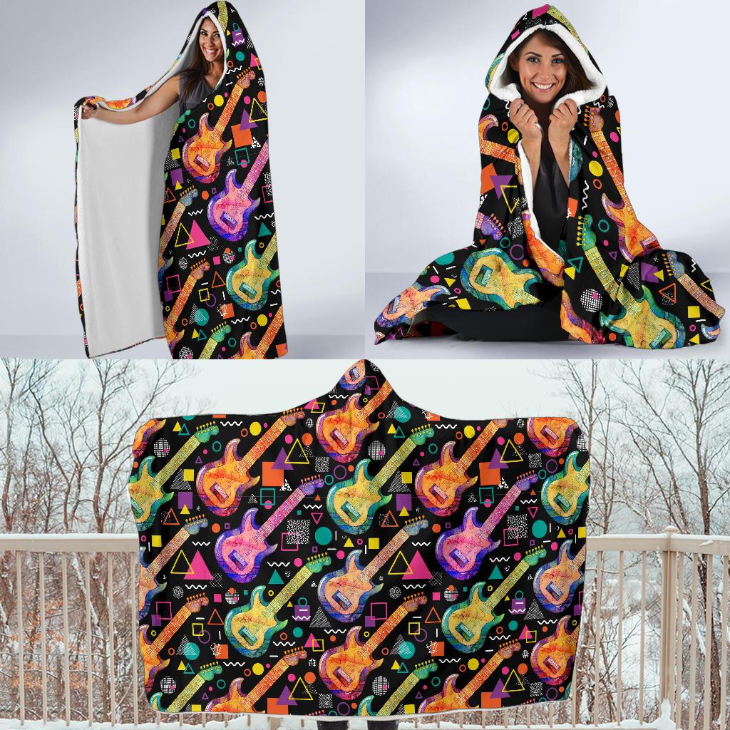 Colorful Electric Guitar Pattern Print Hooded Blanket Cloak Blanket colorful electric guitar pattern print hooded blanket cloak blanket 3425