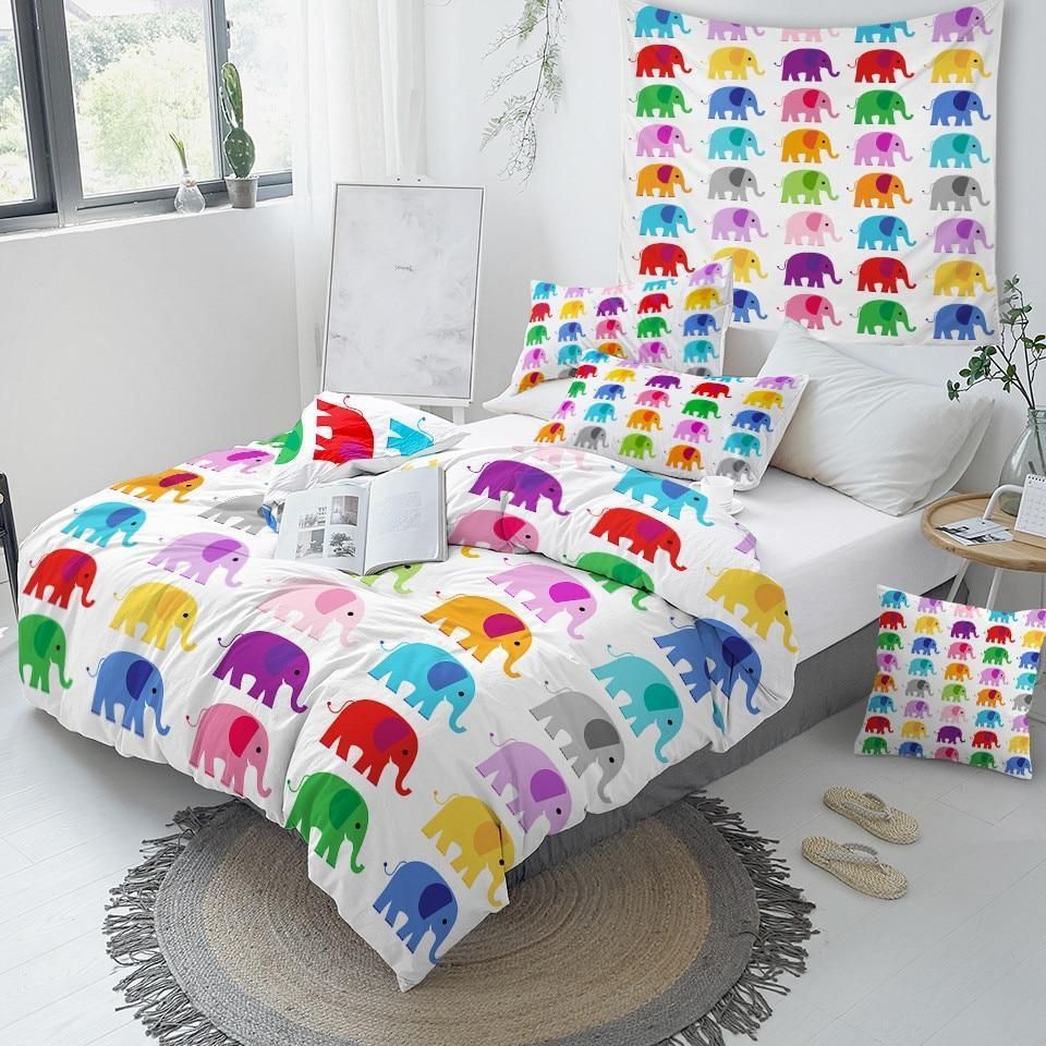 colorful elephant in white duvet cover bedding set 5471