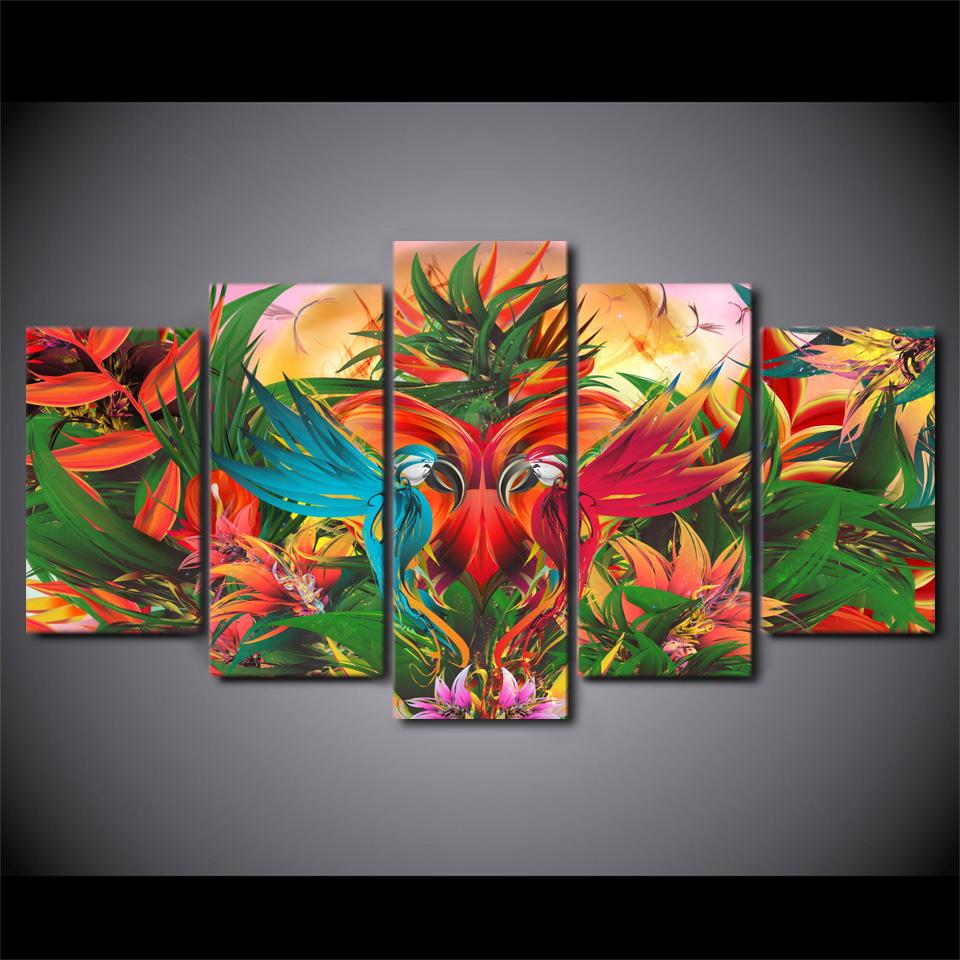 colorful flowers birds abstract 5 panel canvas art wall decor 6433