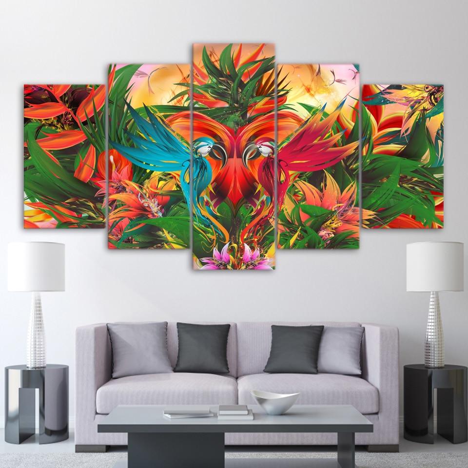colorful flowers birds abstract 5 panel canvas art wall decor 6981