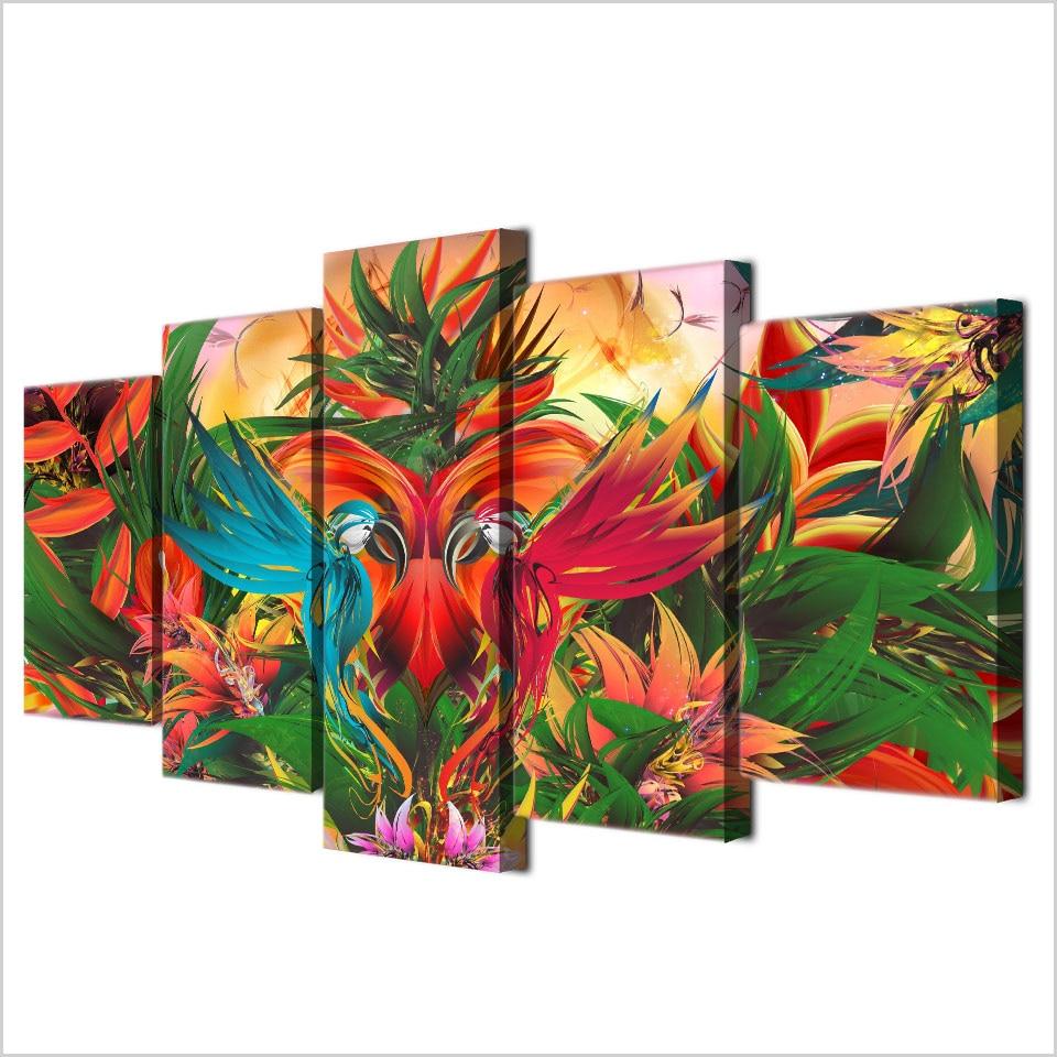 colorful flowers birds abstract 5 panel canvas art wall decor 7201