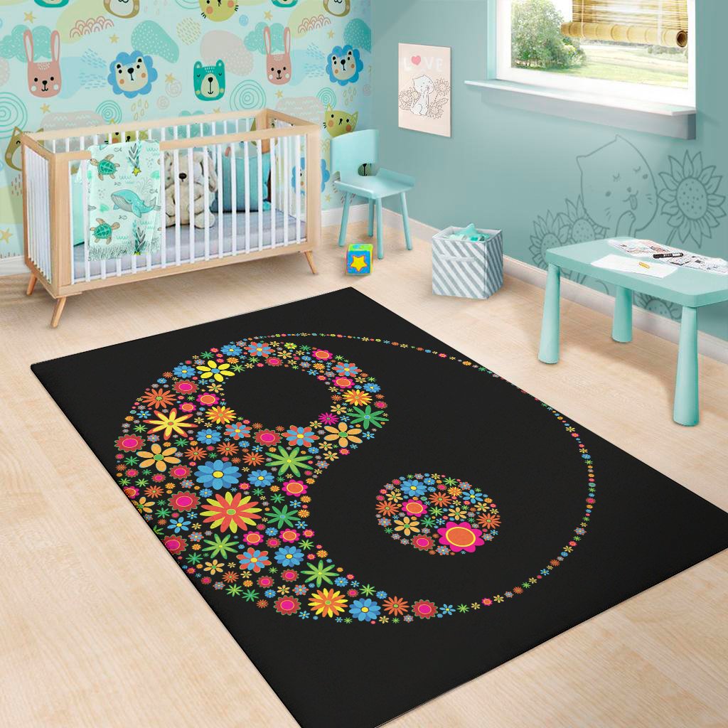 colorful flowers yin yang print area rug floor decor 2104