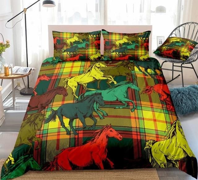 colorful horses running and caro pattern background 3d printed bedding set bedroom decor 5296