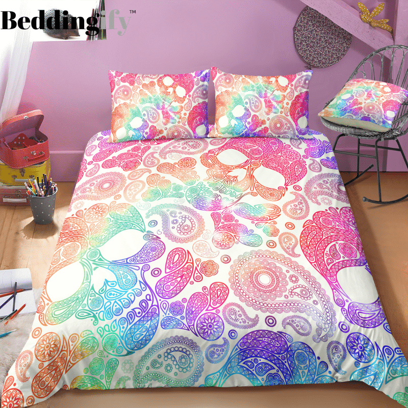 Colorful Skull Head And Paisley Pattern Duvet Cover Bedding Set colorful skull head and paisley pattern duvet cover bedding set 3579