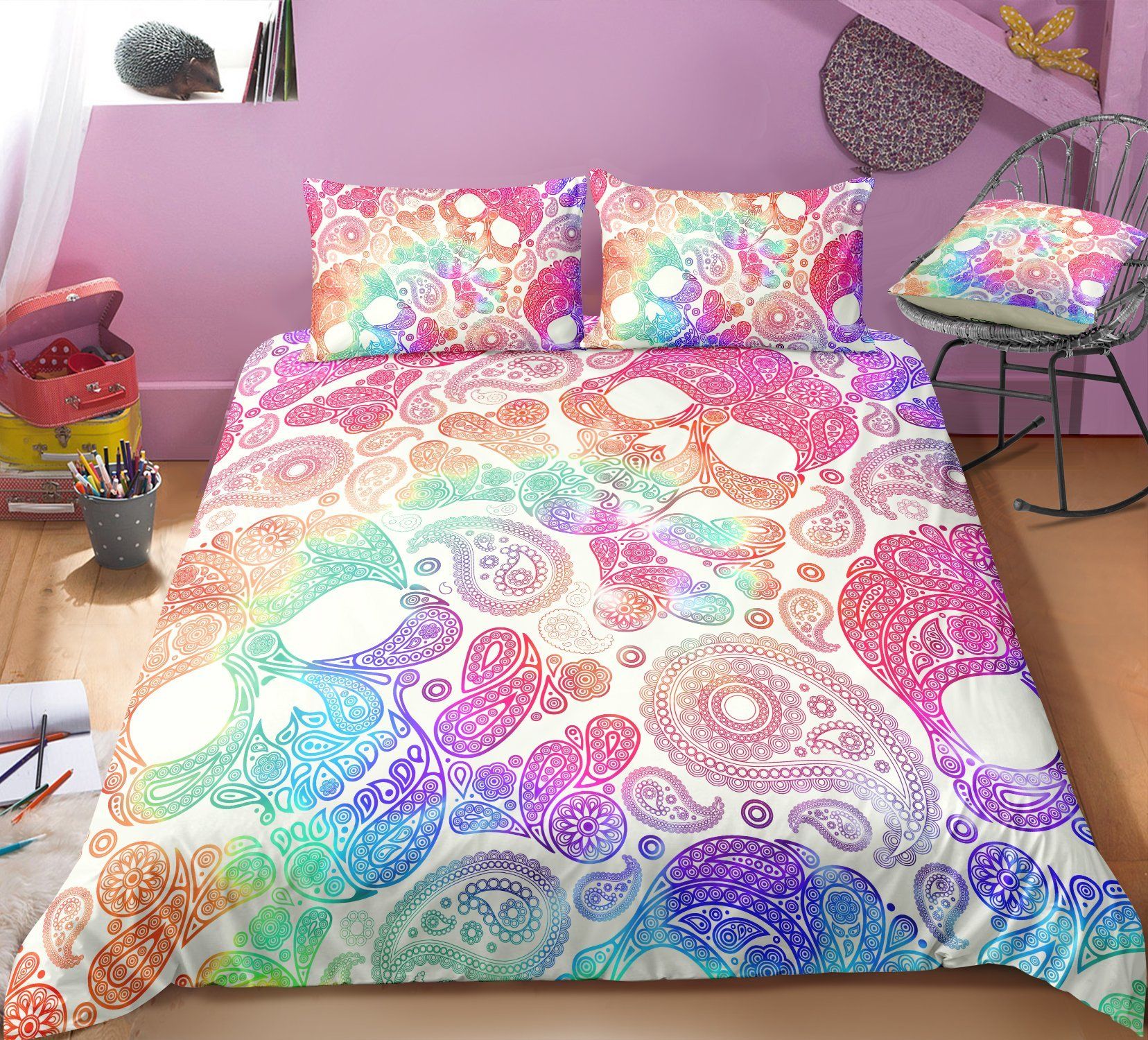 Colorful Skull Head And Paisley Pattern Duvet Cover Bedding Set colorful skull head and paisley pattern duvet cover bedding set 7415