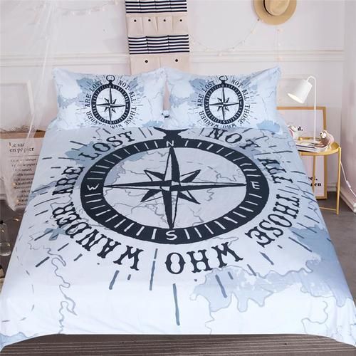 compass nautical map navy blue and white bedding set bedroom decor 6004