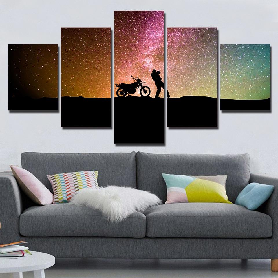 couple silhouette motorcycle romantic kiss abstract 5 panel canvas art wall decor 2940