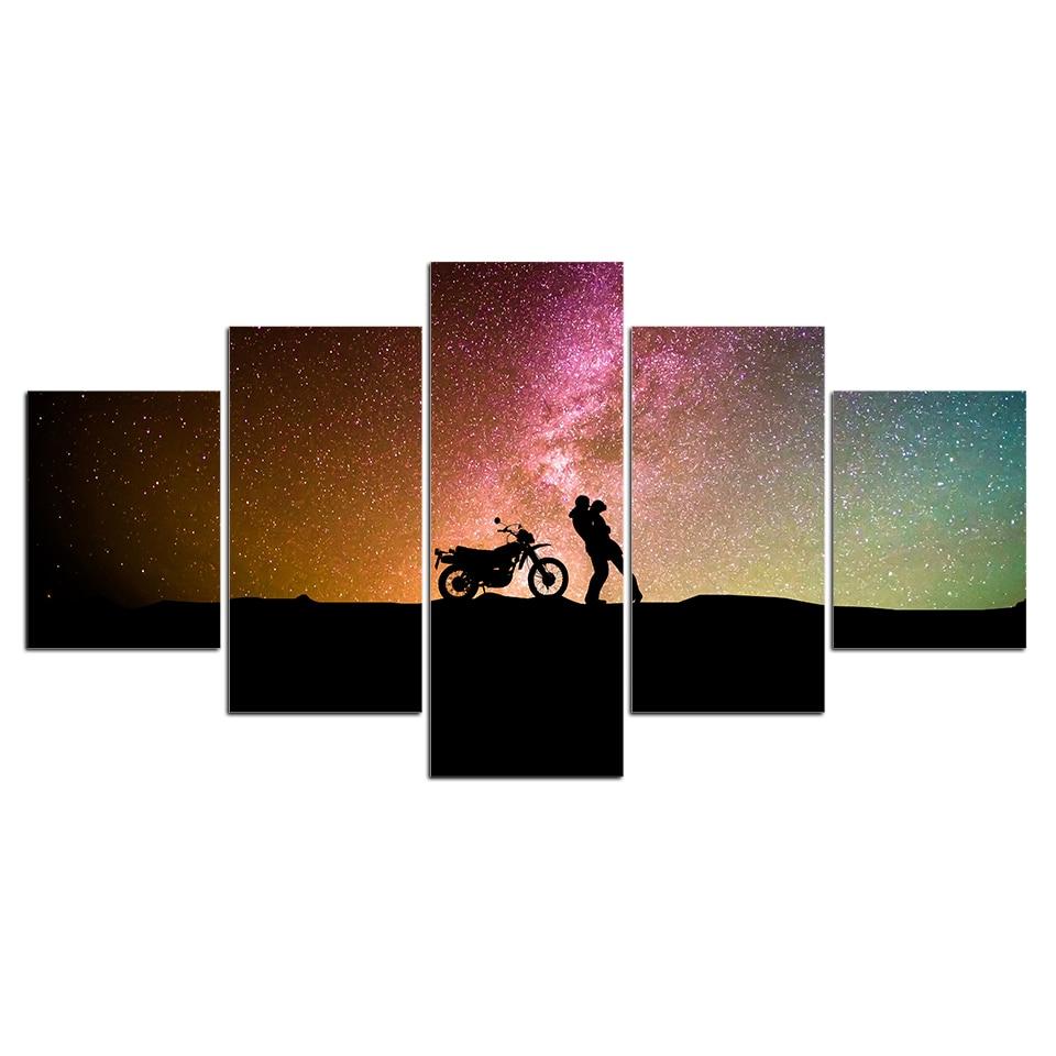 couple silhouette motorcycle romantic kiss abstract 5 panel canvas art wall decor 3256