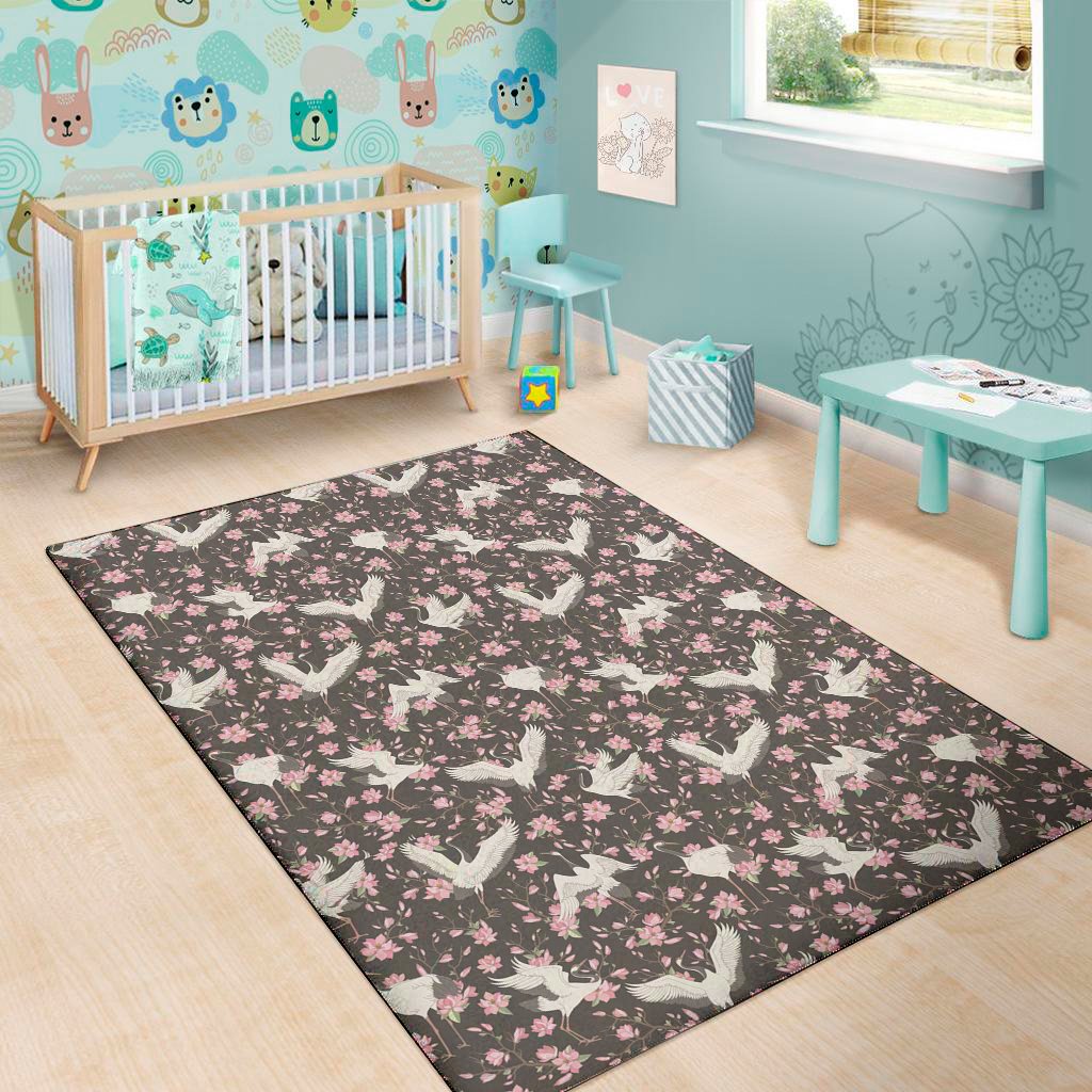crane bird and flower pattern print area rug floor decor 1673