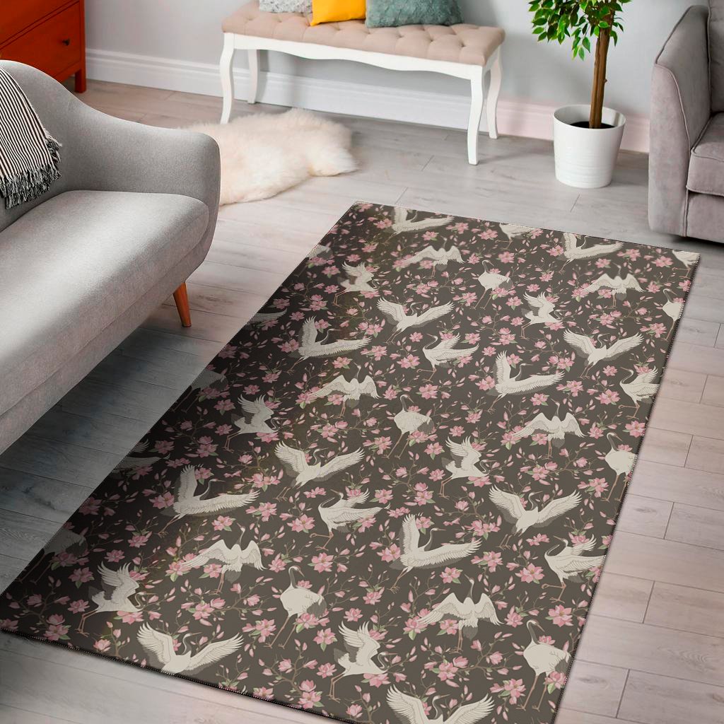 crane bird and flower pattern print area rug floor decor 8046